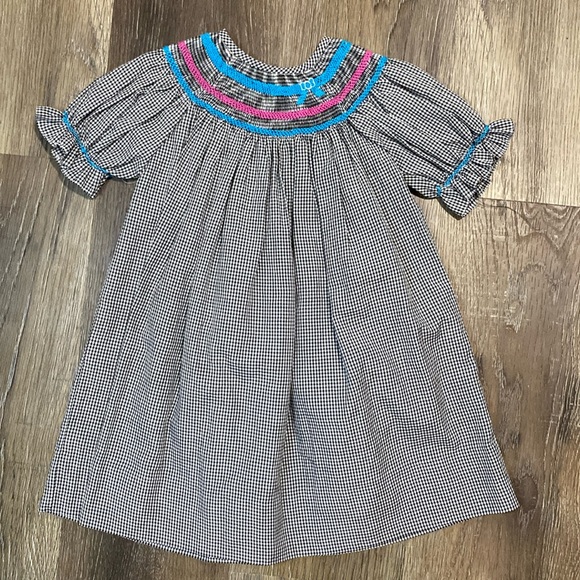 Black and White Gingham Bishop Dress with Pink and Blue Smocking - Picture 1 of 4